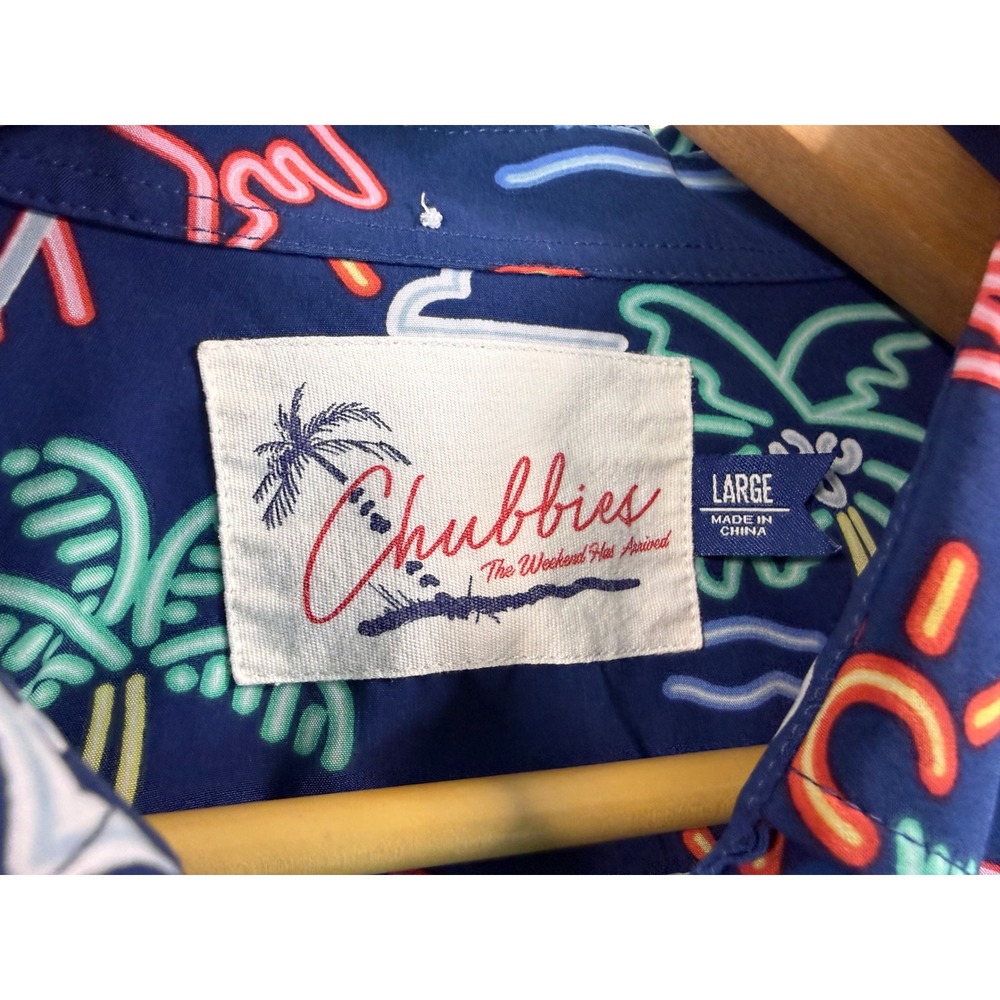 Chubbies Performance Neon Lights Short Sleeve Navy Button Down Casual Shirt Sz L - Picture 5 of 7